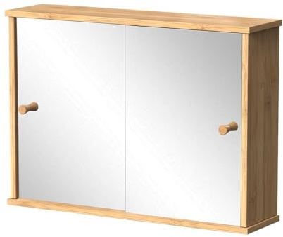Vicco Specchio contenitore bagno Mireo, Bambù, 55 x 40 cm con 2 porte scorrevoli, per montaggio a parete con ripiani aperti