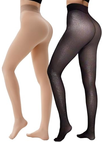 HONGTEYA 2 Pairs Fleece Lined Tights Women - Warm Sheer Pantyhose Fake Translucent Tights Winter Thermal Leggings (US, Alpha, Medium, Regular, Regular, color+Nude)