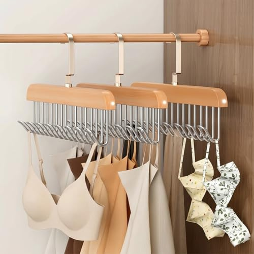 HINATDD 3 Pezzi Appendiabiti in Legno per Armadio, Porta per Cinture, Cravatte, Vestiti e Accessori, Gruccia Multifunzione con 8 Ganci, Organizzatore Resistente per Armadio, Senza Deformazioni