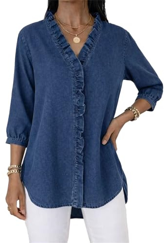 Generico Chambray damskjorta med V-ringning och volangkant – lös passform, avslappnad tunika blus med 3/4 ärmar, för vår/sommar 2026 (denimlook), Marinblå, 3XL