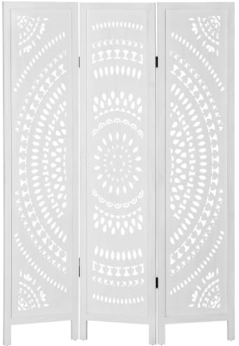 HOMCOM Biombo Plegable de 3 Paneles de Madera, 120x170 cm, Blanco | Biombo Separador de Ambientes, Patrones Tallados Elegantes, Decoración para Dormitorio, Salón
