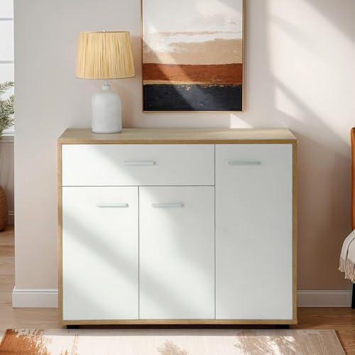 IDIMEX Meuble à Chaussures Camille, Commode Meuble de Rangement avec 1 tiroir et 3 Portes avec 7 tablettes intérieures, en mélaminé décor chêne Sonoma et Blanc Mat