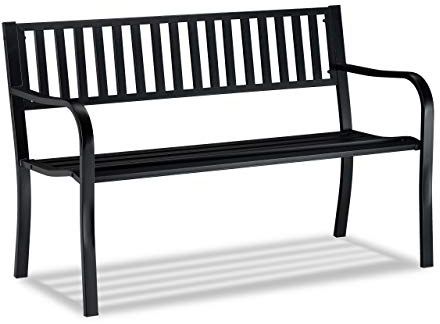 Relaxdays Trädgårdsbänk, bekväm 2-sits, robust metallbänk, för terrass, balkong, HBT 82 x 127,5 x 59,5 cm, svart