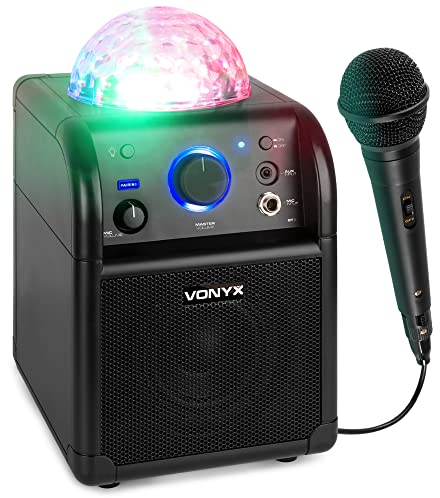 Vonyx SBS50B - Macchina per karaoke Bluetooth, per bambini, con batteria, effetto luce LED, per feste, impianto karaoke con microfono, 50 Watt, colore: Nero