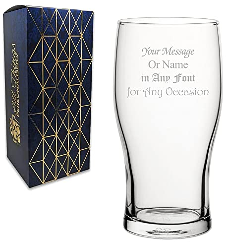 Personalised Engraved Tulip Pint Beer Lager Cider Glass, Gift Box Included, Personalise with Any Message, Different Fonts Available, Birthday Anniversary Beer Gift