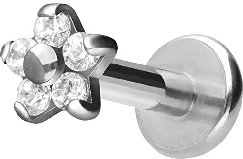 PIERCINGLINE TItan Labret Stecker Gewinde BLUME + 5 KRISTALLE Piercing Ohr Lippe Nase Silberfarben 1,2 x 6 mm
