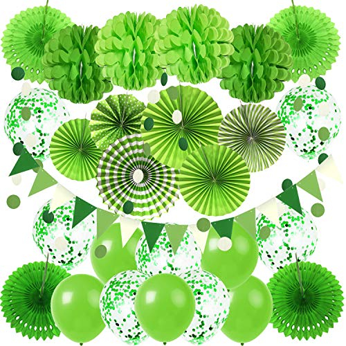 ZERODECO Party-Dekoration, Papierfächer zum Aufhängen, Pompons, Blumen, Girlanden mit Punkten, Dreiecks-Wimpelkette, einfach zu montieren grün