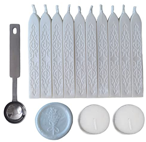 Sealing Wax Sticks with Wick, AMTOL 10 PCS Wax Seal Sticks with 2 Pcs White Candles and 1 Pcs Wax Melting Spoon, for Wedding Invitations,Cards Envelopes and Seal Stamp (Pearl White)
