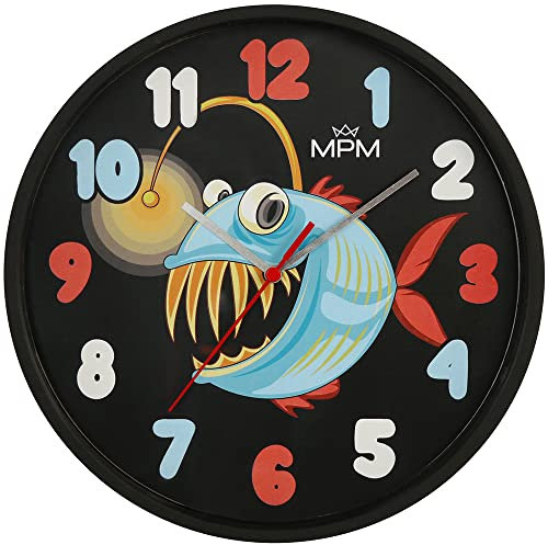 MPM Quality Design - Reloj de Pared Infantil de plástico, Negro/Multicolor, diseño de Peces, Movimiento de Cuarzo, decoración Moderna de Pared, Reloj Redondo para niños, diámetro