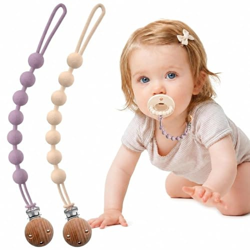 BebeCalin Baby Dummy Clip Girls - 2 Pcs Pacifier Clips and Soother Clips - Silicone Dummy Holder & One-Piece Soother Chains for Babies & Newborns