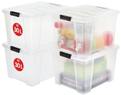 Iris Ohyama, Aufbewahrungsbehälter mit Deckel aus Kunstsoff, 4er-Set, 30L, Transparent, Verschlussclips, Griff, Stapelbar, Organisation, für Schalfzimmer, Garage, Ankleidezimmer, Büro, HB-30