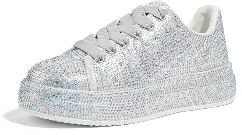 LUCKY STEP Rhinestone Sneakers for Women Platform Sparkly Glitter Bling Tennis Shoes Fashion Bedazzled Wedding Bridal Party Walking Sneakers(Silver Rhinestone,6)