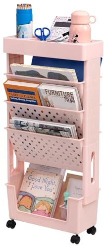 DOEWORKS Bücherwagen Klein Bücherregal Rollen Bastelwagen Rollwagen Schmal Aufbewahrungswagen 5 Ebenen Bücherregal Wagen für Wohnzimmer Schlafzimmer Büro Bibliothek, Rosa