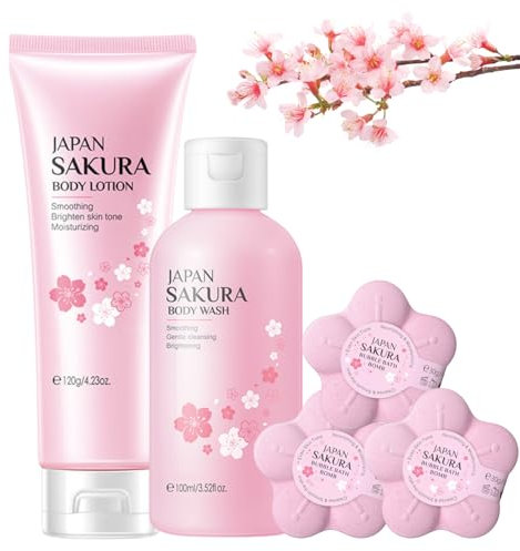 Cherry Blossom Bath Sets for Women gifts - Pamper Gift Sets for Women - Sakura Skin Care Sets for Gifts - Bath Gift Set with Body Wash, Body Lotion, Bath Bomb