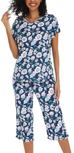 ENJOYNIGHT Pigiama corto da donna, a maniche corte, top con pantaloni lunghi a 3/4, biancheria da notte S-3XL, fiore blu scuro, XL