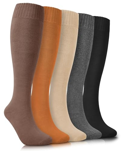 YSense Warm Knee High Socks for Women 5 Pairs, Thermal Cotton Boot Calf Socks for Cold Weather, Womens Long Casual Comfy Thick Winter Gifts Stockings for Hiking Skiing Walking Running Work