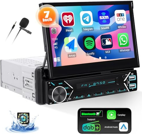CAMECHO DAB+ Autoradio 1 DIN Bluetooth con Carplay Android Auto Mirror Link, Motorizzato Schermo a Scomparsa da 7 Pollici con Vivavoce Bluetooth FM EQ USB SWC + Telecamera Posteriore&MIC