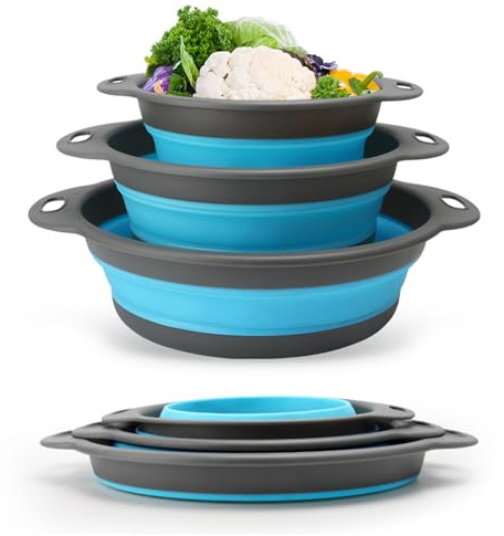 Surwin 3pc Colador de Cocina, Cocina Plegable Colador de Silicona, Colador de Silicona de Portátil, Escurridor Pasta para Frutas Verduras (Azul)