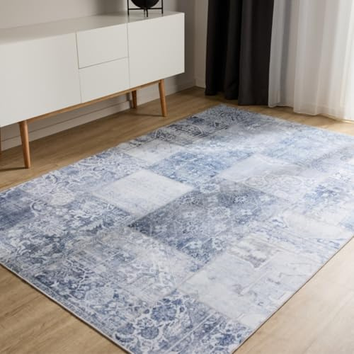 benuta Basic Waschbarer Teppich George - Blau 120x170 cm - Kunstfaser - Rechteckig & im Style: Vintage, Ethno-Style, Shabby Chic - Pflegeleicht für Wohnzimmer Schlafzimmer