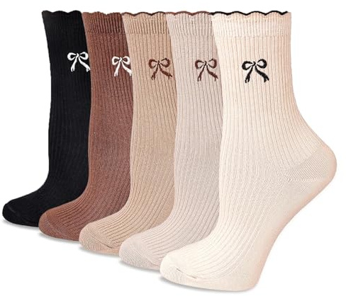 TELAIN Damen Socken Mit Rüschen, Süße Crew Socken Mit Stickerei Schleife, Atmungsaktive Baumwollmischung, 5er Pack, Perfekt Als Geschenkidee