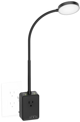 PRINCEWAY Plug in LED Book Reading Light, Black Dimmable LED Wall Sconce Lamp with Power Plug and Outlet Extender for Kitchen Bedroom Living Room, 3 Lighting Colors, USB Output Charging Ports