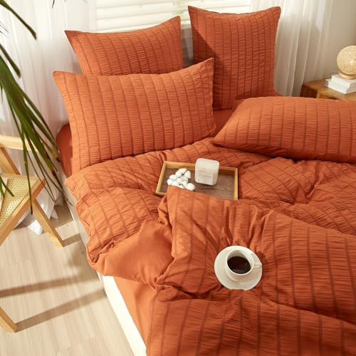 YASMENG Parure de lit 3 pièces en seersucker moderne en microfibre douce et respirante avec housse de couette 200 x 220 cm et 2 taies d'oreiller de 80 x 80 cm, orange à rayures