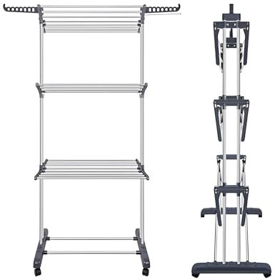 FROOBY Clothes Drying Rack 4-Tier Foldable Stainless Steel Airer – Heavy Duty Laundry Hanger for Indoor Outdoor Use, Large Space Saver with 18m Drying Capacity