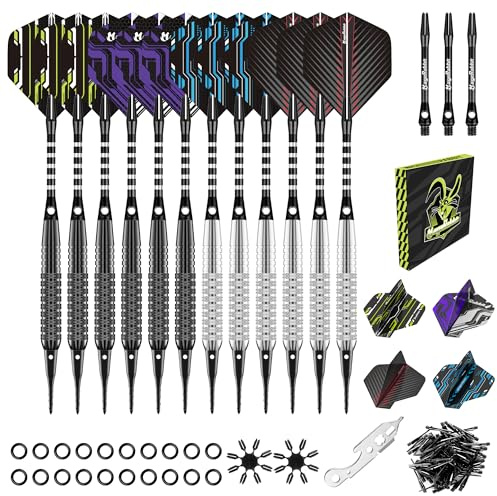 MageRabbit Fléchettes avec pointe en plastique pour cible de fléchettes électronique, 18 grammes Fléchettes souples professionnelles 12 pièces avec 16 ailettes + 30 pointes de rechange & Kit complet