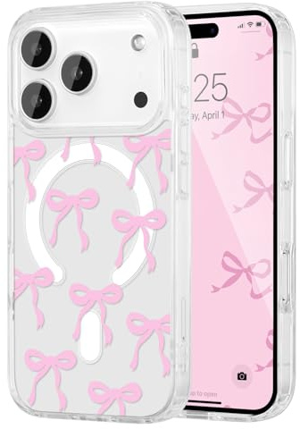 UEEBAI Magnetiskt fodral för iPhone 17 Pro Max, söt silikon tansparent mobiltelefonfodral med rosett, skyddsfodral med trådlös laddning, mjukt stötdämpande fodral för kvinnor flickor, rosa