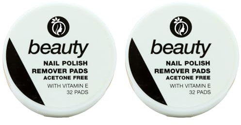 Acetone-Free Nail Polish Remover Pads with Vitamin E – 2 Packs of 32 Pads Each – Gentle and Effective for Easy Removal of Nail Polish