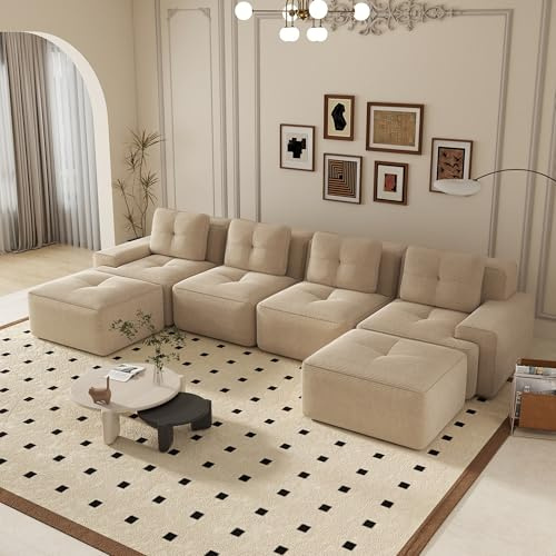 Canapé d'angle convertible, 383 cm Canapé 6 places en U, compressible canapé modulable Cloud avec assise profonde, canapé confortable et librement combinable pour le salon, velours côtelé, Beige