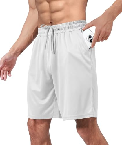 BOOJO Gym Shorts Men UK for Running Sports with Pockets Quick Dry Black Workout Shorts(White,2XL)