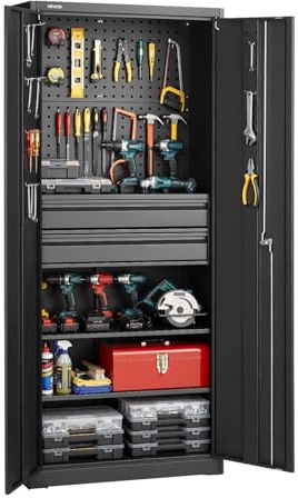 VEVOR Metal Storage Cabinet, 180 lbs Shelf Load Capacity, 70.87 Tall Garage Tool Storage Cabinet with 2 Locking Doors, Adjustable Shelves, 2 Drawers, Pegboard, for Garage, Home, Office, Utility Room