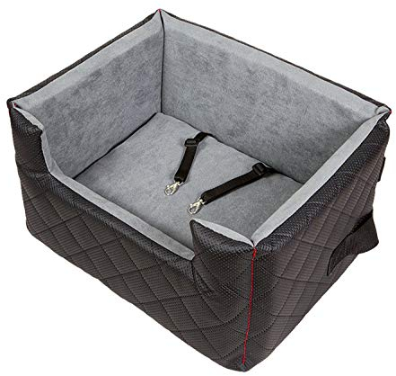 Exclusive Hunde Autositz | Autositz für Hunde, Katzen, Haustier | Rückbank, Beifahrersitz | Hundebett, Hundetasche | Kunstleder | Farbe: Schwarz | Große: L (57x50 cm)