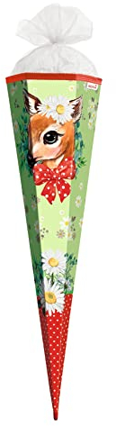 ROTH Schultüte groß REH 85 cm - 6-eckig Rot(h)-Spitze Tüllverschluss - Zuckertüte Schulanfang