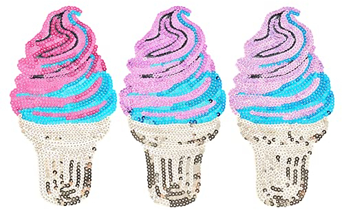 FINGERINSPIRE 3 STÜCKE 3 Farben Eiscreme Pailletten Applikation 12.5x23.4 cm Polyester Applikations Patches Zum Aufnähen Glitzer PVC Pailletten Patches Für Kleidung Jacken Hose Kleid Kappen Jeans