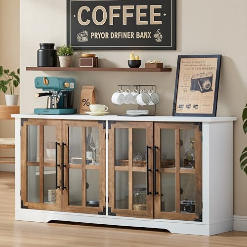AMERLIFE Farmhouse 63 Buffet Sideboard Cabinet with Glass Door, Large Storage Cabinet with Adjustable Shelf, Wooden Coffee Bar Station for Kitchen, Dinning Room, White