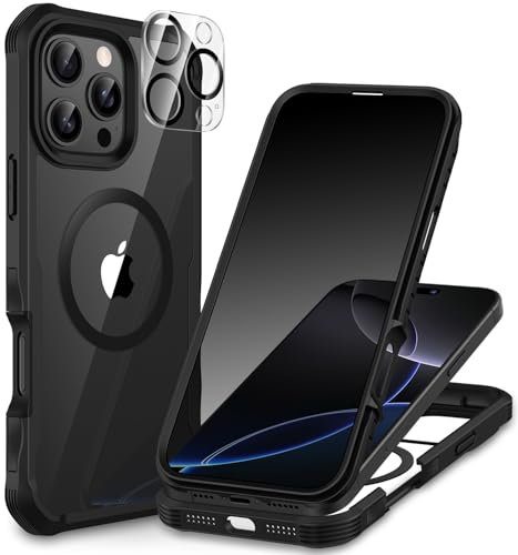 CENHUFO Magnética Antiespia Funda iPhone 16 Pro, Compatible con MagSafe Integrado Privacidad Cristal Templado Protector Pantalla y Protector cámara, 360 Grado Antigolpe Carcasa Capa Doble Case -Negro