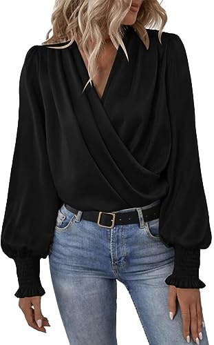 Womens Satin Silk Blouses Elegant Casual Long Sleeve Sexy Deep V Neck Evening Party Wrap Tops Flattering Blouses Boho Shirts for Women 2024 Black