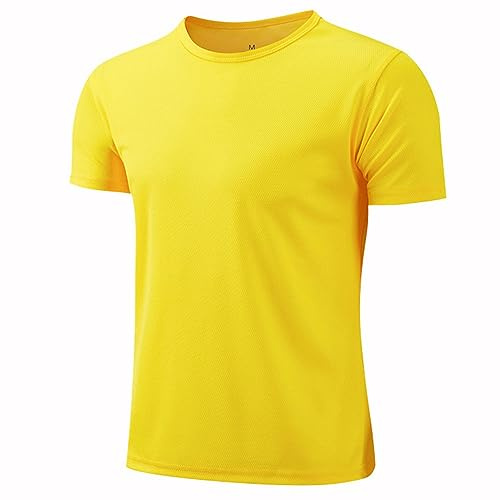 MSemis Jungen Sport Shirt Schnell Trocknen Funktionsshirt Laufshirt Einfarbig Rundhalsausschnitt Top Kurzarm Training Tshirt Gelb 140-146