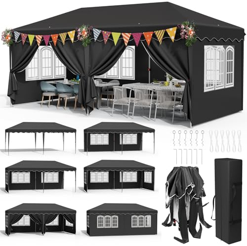 Gazebo 3x6, Gazebo Pieghevole 3x6 Stabile Impermeabile, Padiglione Pop up,Tente de Reception, Tonnelle de Jardin con 4 Pannelli Laterali, per Festival/Campeggio/Mercato, Nero