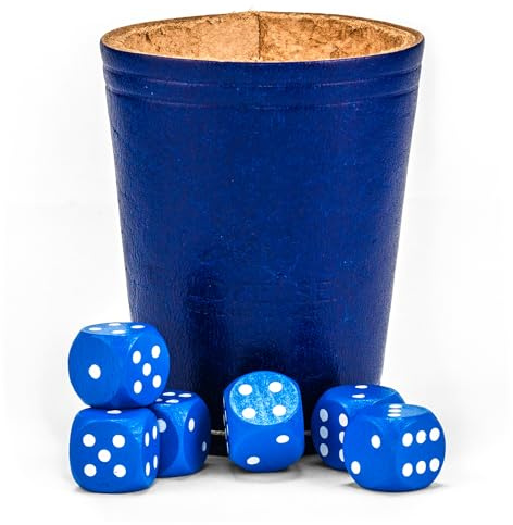 WALDFELSEN® Gobelet à dés en cuir véritable (9 cm) avec 6 cubes en bois (16 mm) en bois de hêtre tasse en cuir ensemble de dés dés pour les yeux Cube de jeu (Couleur : bleu)