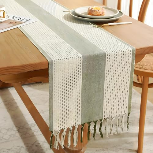 Lunaanda Table Runner with Tassels, Sage Green, 183x33cm, Braided Striped, Rustic Embroidery, Coffee Table Runner for Decorations, Weddings, Holidays