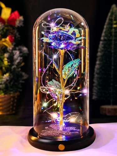 DEEMEI Christmas Galaxy Rose Gifts for Women Colorful Roses Birthday Gifts for Women Light Up Rose In Glass Dome for Mum Wife Lover Artificial Crystal Flowers Gift for Christmas, Wedding, Anniversary
