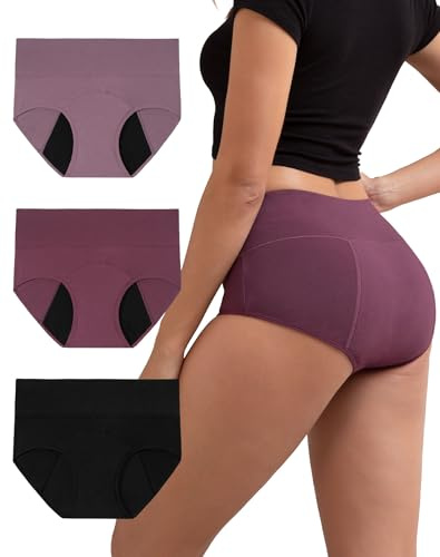 INNERSY High Waist Period Pants Light Flow Menstrual Underwear Maternity Pants after Birth 3 Pack (14, Purple/Violet/Black)