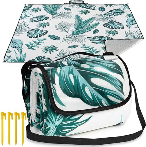 Aptliton Picnic Blanket, 200 x 200 cm, Large Waterproof Picnic Mat with Carry Strap for Camping, Park, Beach, Outdoor, Machine Washable, Foldable and Portable, Nature Green Design