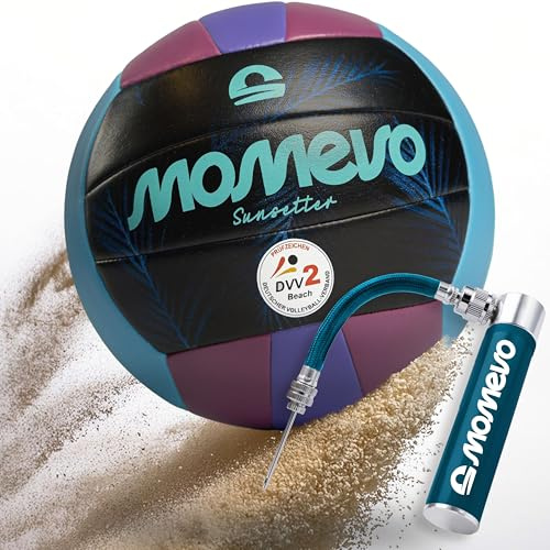 Momevo Beachvolleyball – Balón de Vóley Playa Tamaño 5, Certificado DVV, Super Suave y Resistente – Ideal para Outdoor, Playa, Arena y Deportes de Verano (Palm Purple, con Bomba para balones)