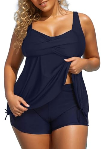 Generico Tankini da Donna Set Imbottito Reggiseno Push Up Tankini Due Pezzi Contenitivo Taglie Forti Vita Alta Costumi Mare Swimwear Nuoto Costume da Bagno Donna Curvy Spiaggia Top E Pantaloncini