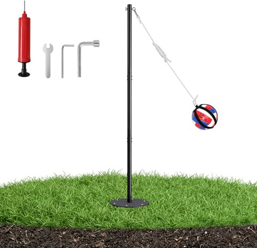 Arejonner Tetherball Set with Heavy-Duty Adjustable Pole (Up to 8ft), Soft-Touch Ball & 5-Prong Base - Professional Outdoor Game for Backyard, Lawn, Beach - Includes Ball, Rope, Pole & Base for Kids