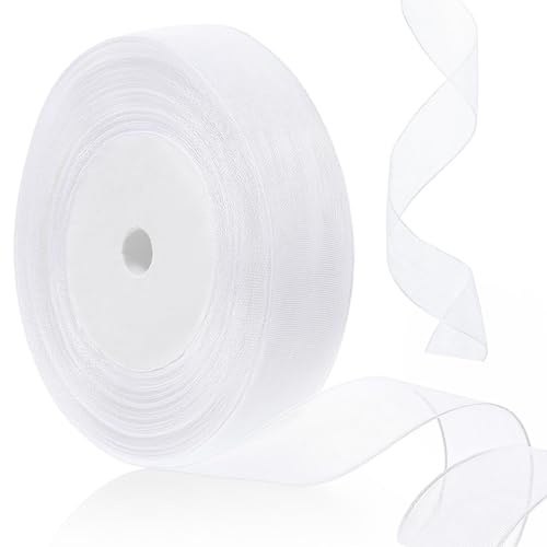 BOHUIZ Presentband i chiffong, vitt, 45 meter, transparent tyll, vit tyll, dekorativt presentband, brett tygband för hantverk, bröllop, förpackning, present, brudbukett, sömnadsprojekt